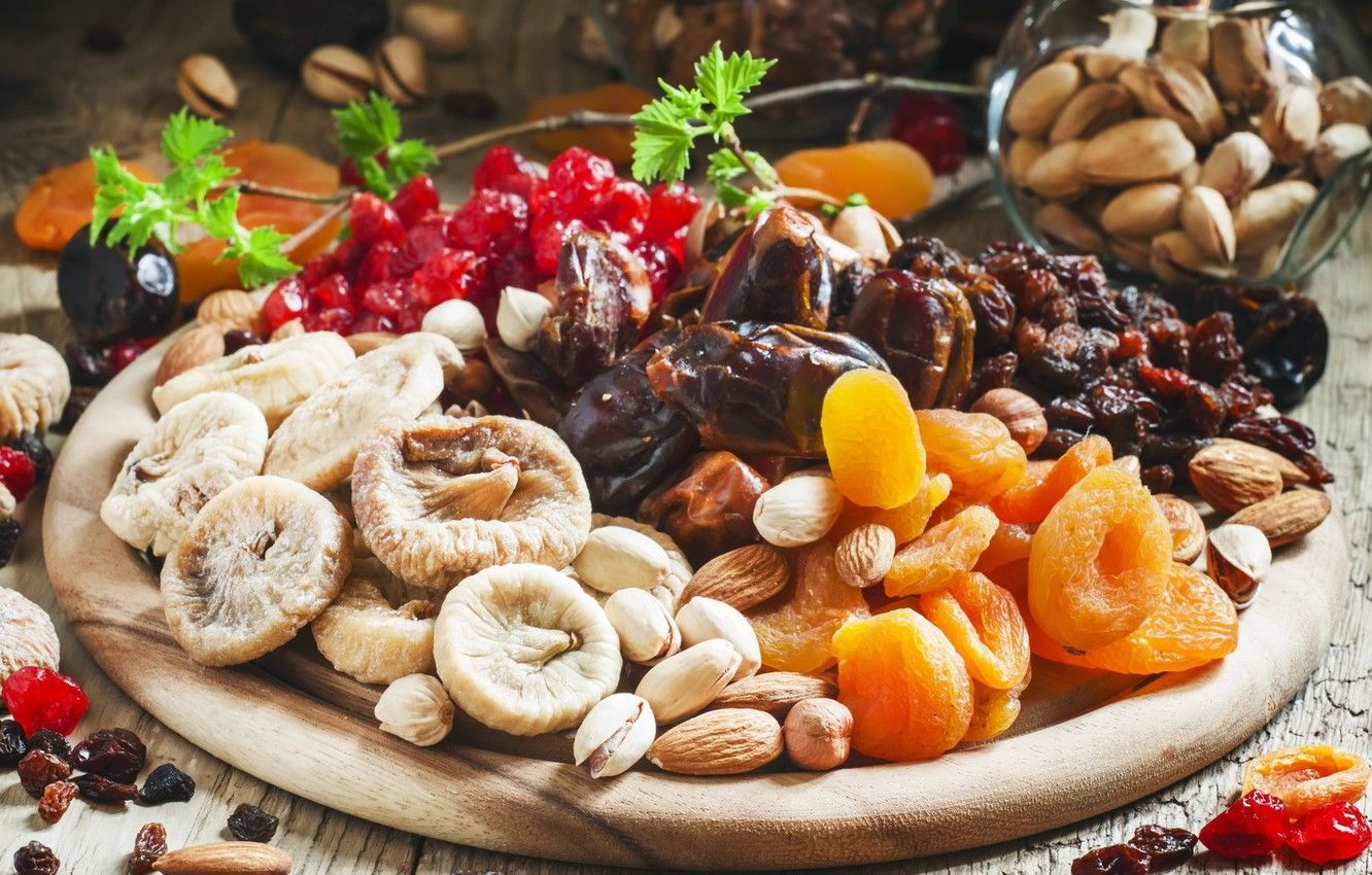 Wallpaper food, nuts, almonds, figs, dried apricots, dried fruits