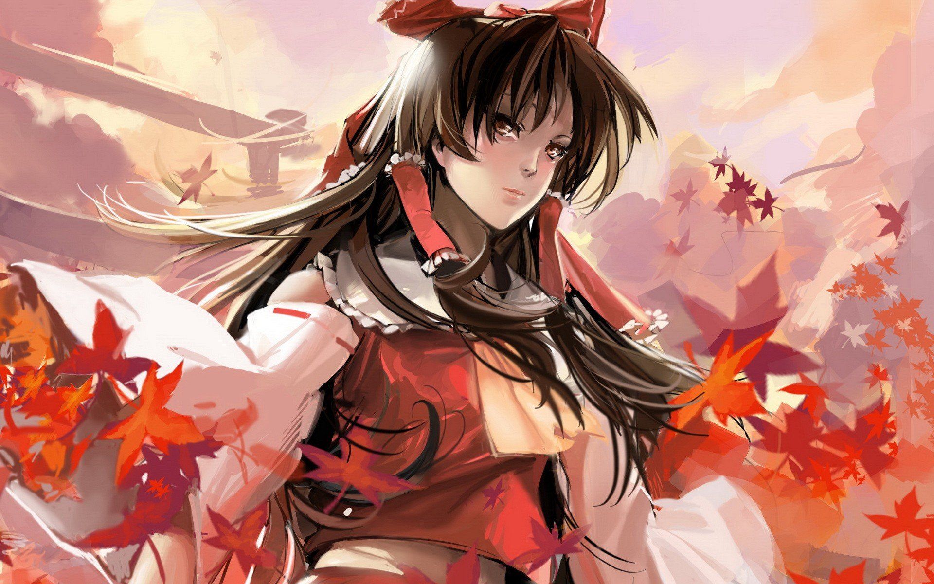 Brunettes Touhou autumn red leaves long hair brown eyes Miko