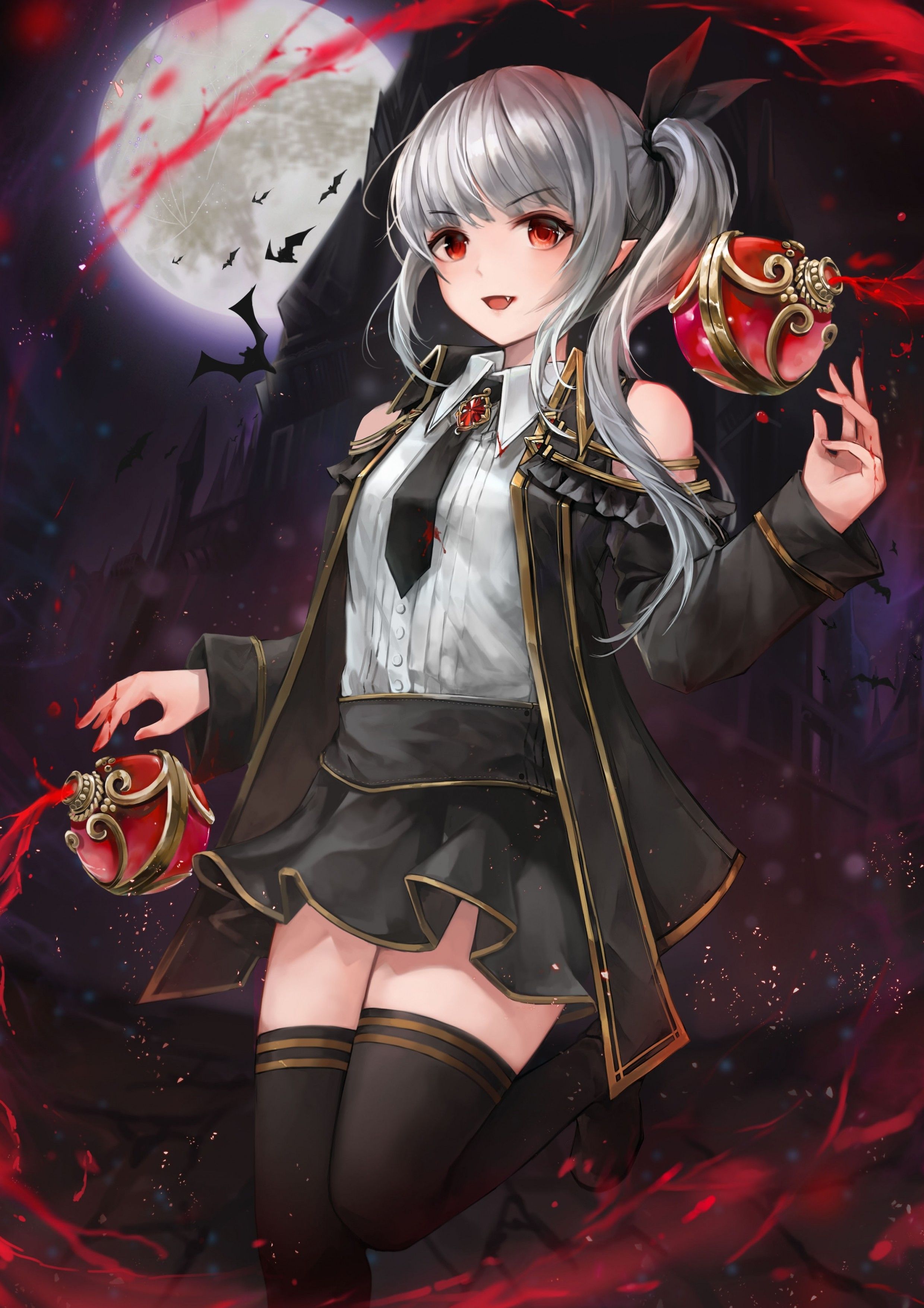 Download 2480x3508 Anime Vampire Girl, Fang, Red Eyes, Gray Hair, Moon, Bats, Night Wallpaper