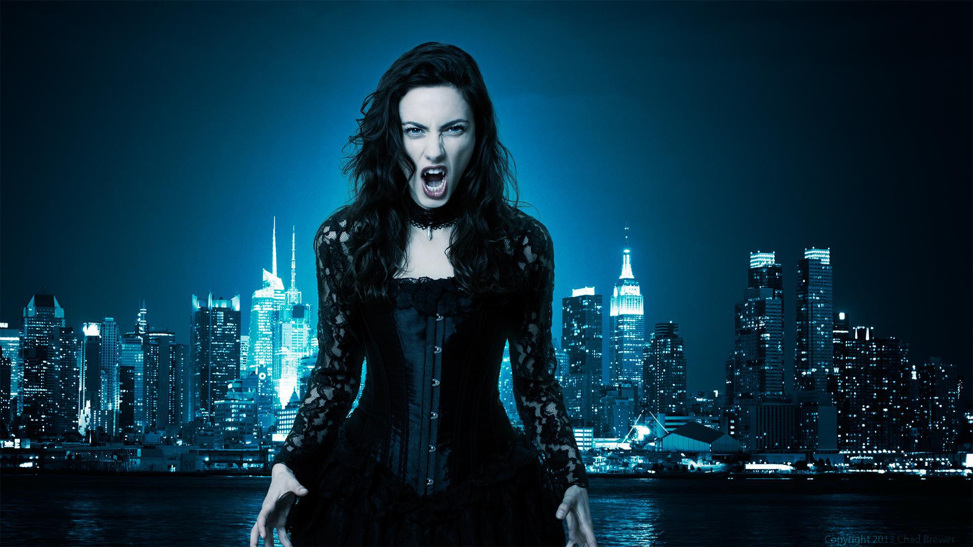 Vampire girl on the background of the city wallpaper and image, picture, photo