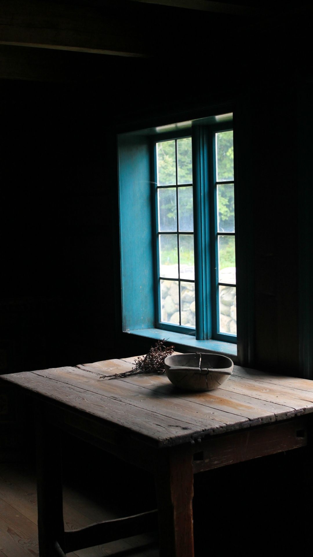 smartphone wallpaper: rustic table, bowl and blue windows