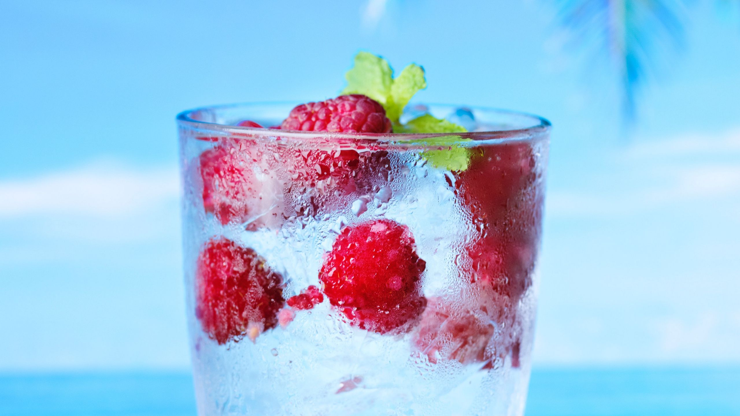 Download wallpaper 2560x1440 water, raspberry, drink, ice, drops, summer widescreen 16:9 HD background