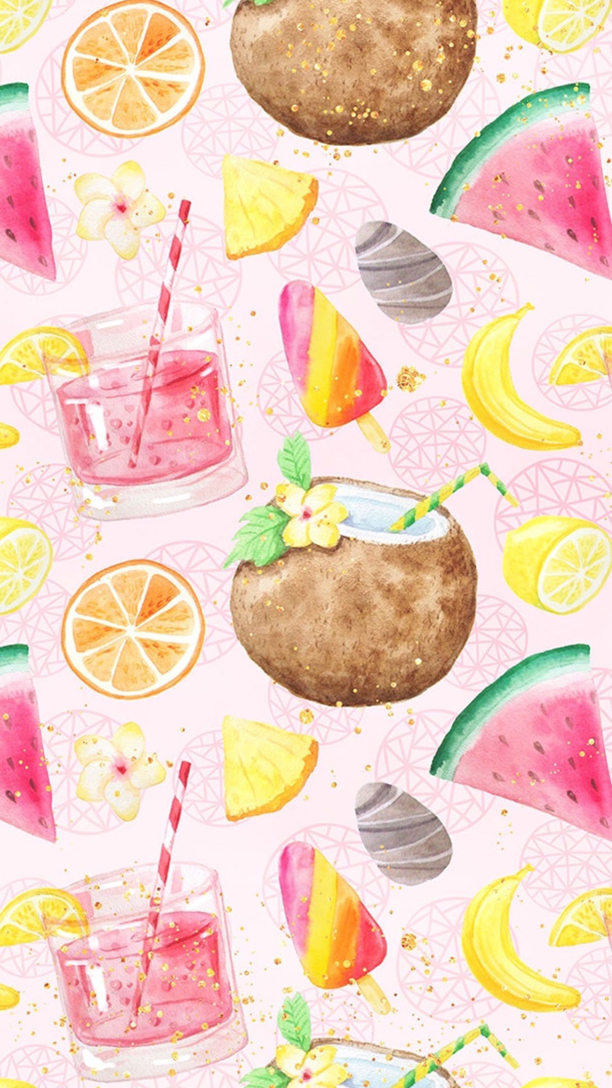 Summer cocktails, fruit and popsicles pattern. Fruit wallpaper