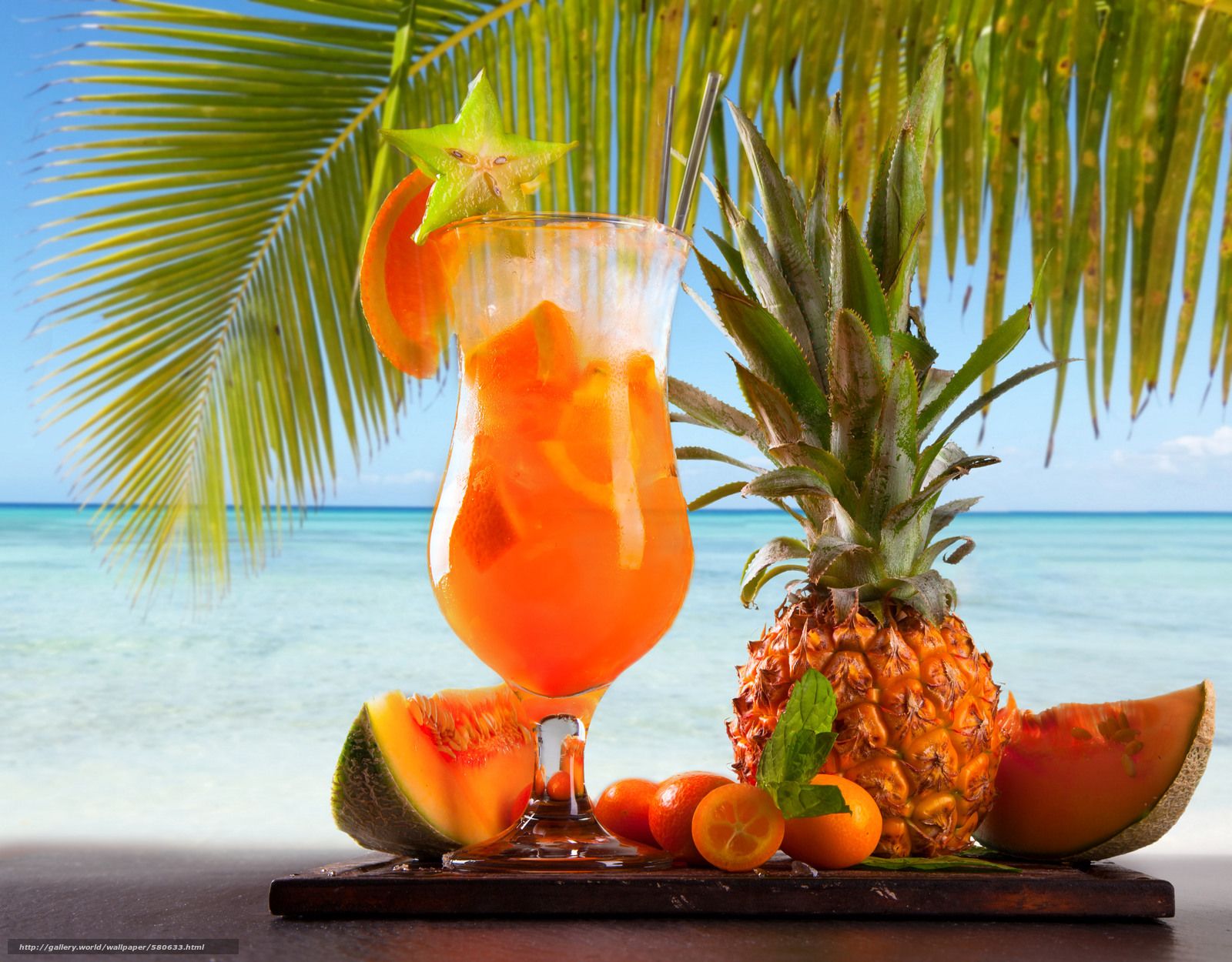 Download wallpaper summer cocktail, palm, pineapple, fruit free
