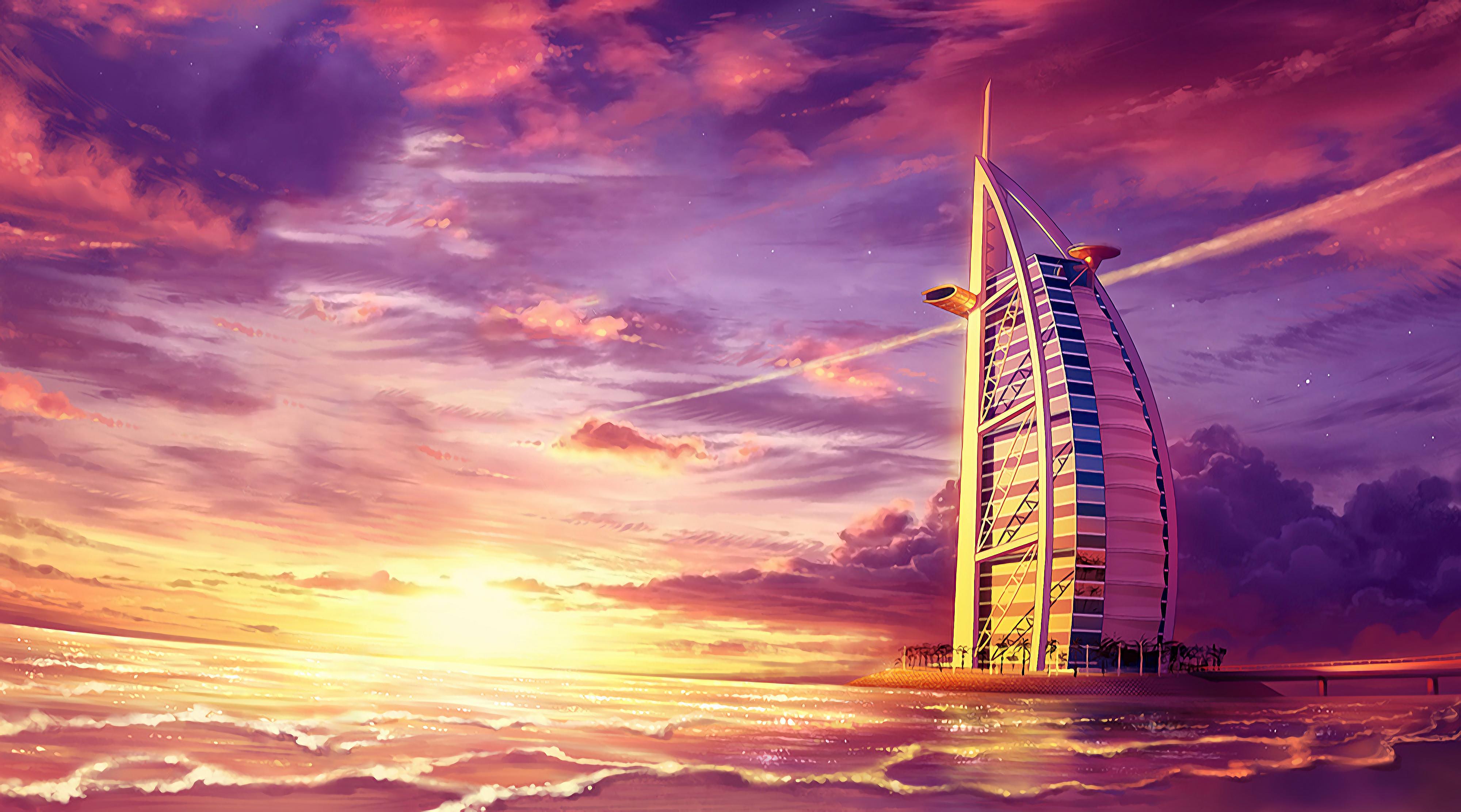 Wallpaper Burj Al Arab, Sunset, Seascape, Digital paint, 4K