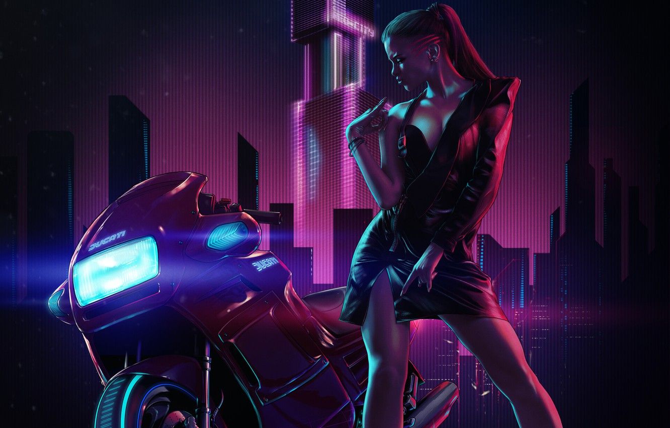Wallpaper Girl, Night, Music, Neon, Style, Girl, Motorcycle, Fantasy, Ducati, Style, Night, Fiction, Neon, Fiction, Bike, Figure image for desktop, section арт