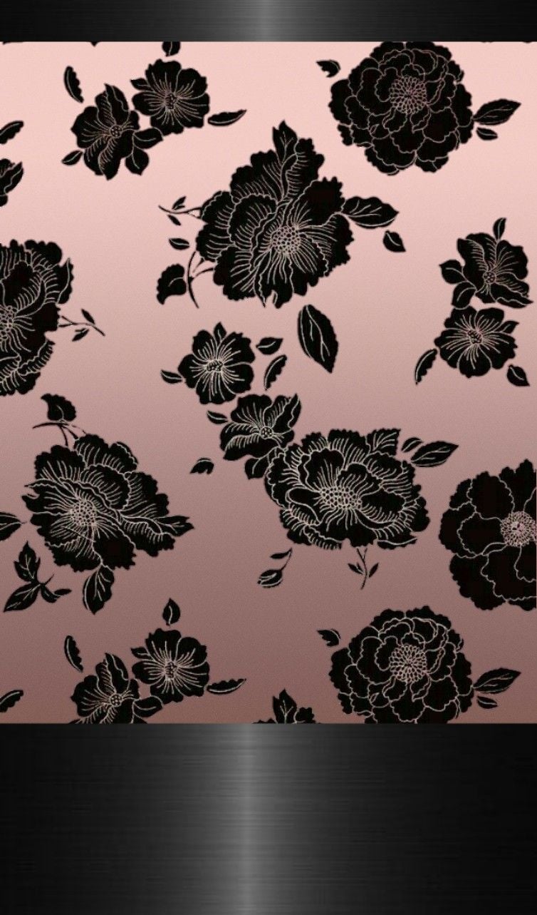 Black Lace Roses on Rose Gold Wallpaper.By Artist Unknown