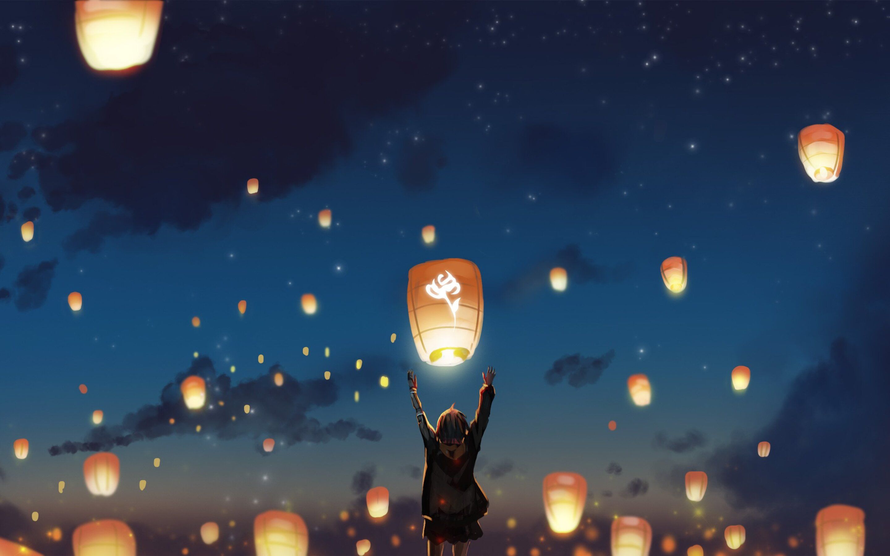 Lantern Night Clouds Lights Anime Stars Macbook Pro