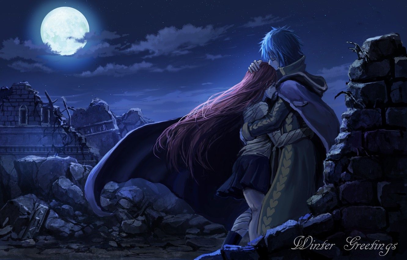 Wallpaper the sky, girl, clouds, night, the moon, anime, tears