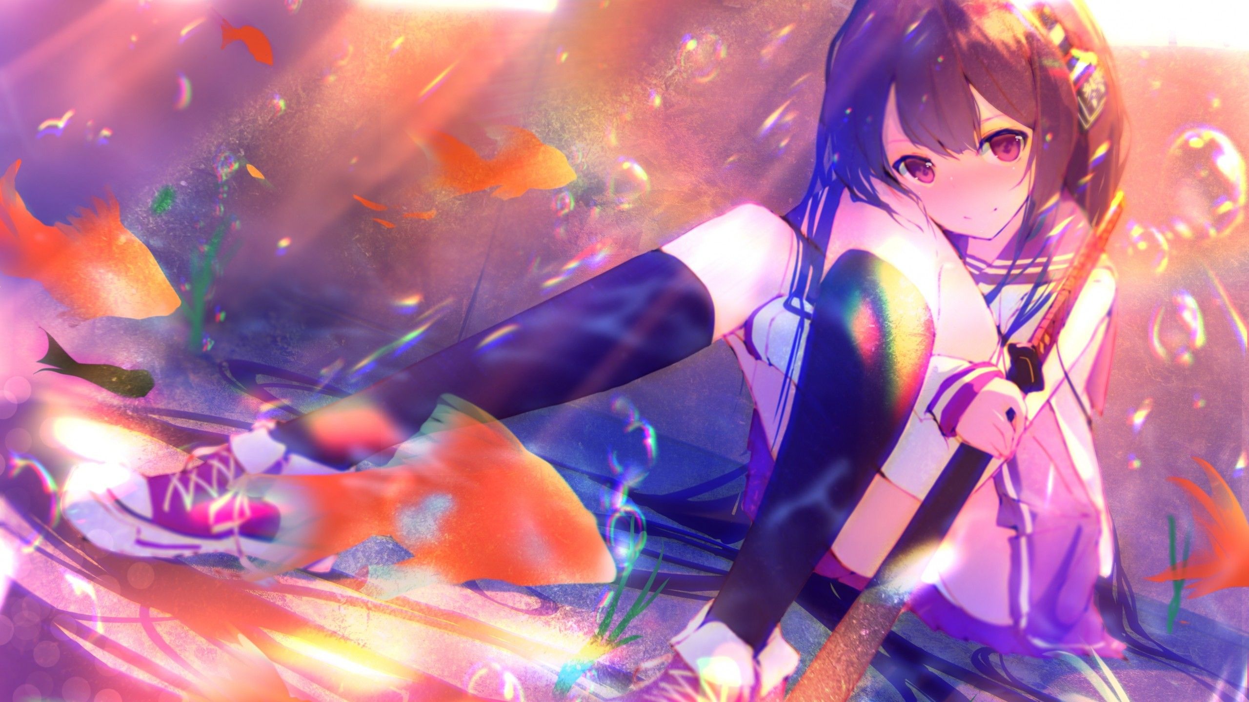 Download 2560x1440 Anime Girl, Sitting, Katana, School Uniform