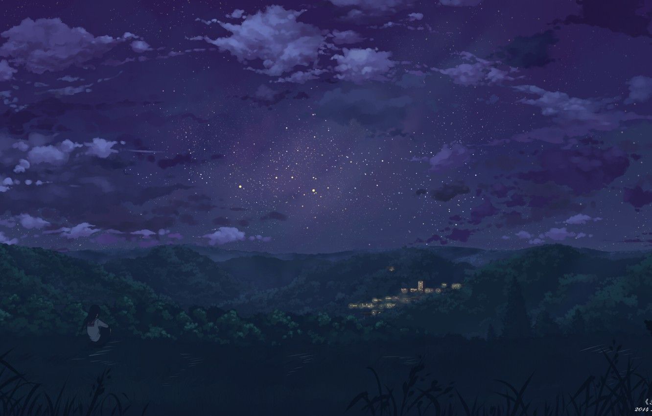 Wallpaper the sky, girl, stars, clouds, trees, night, nature