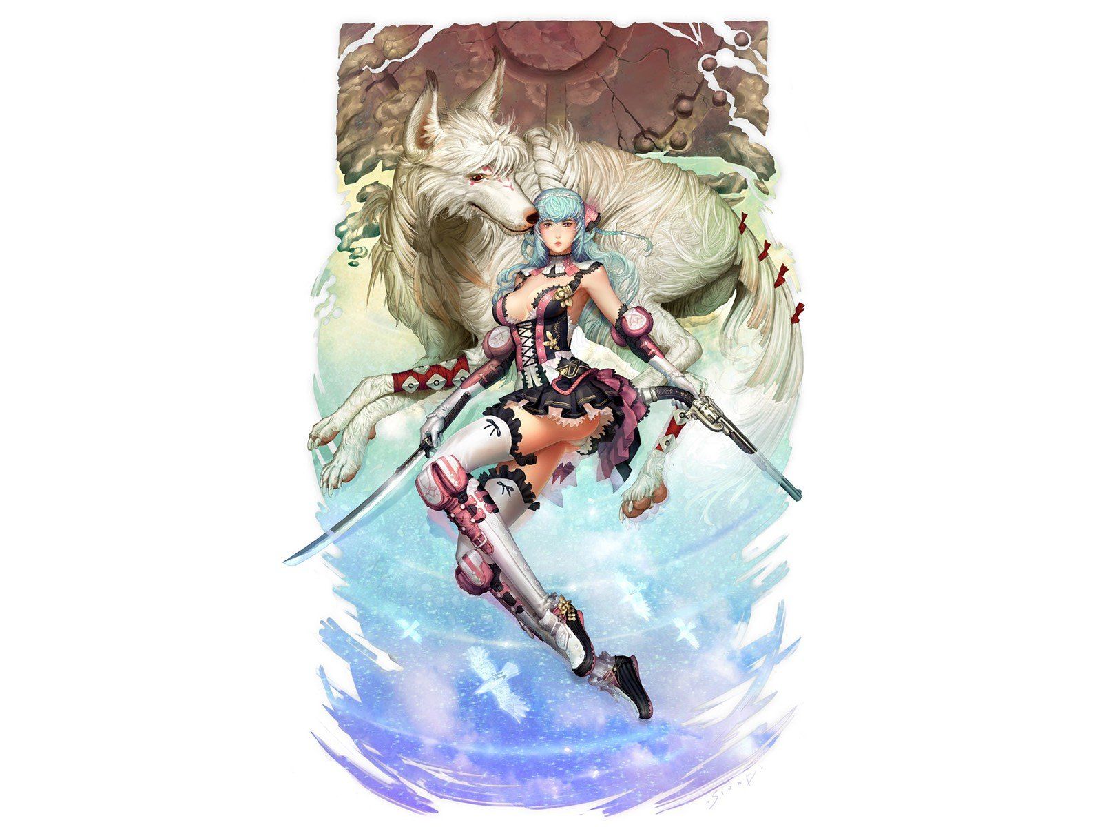 Katana revolvers blue hair artwork anime gothic dress soft shading