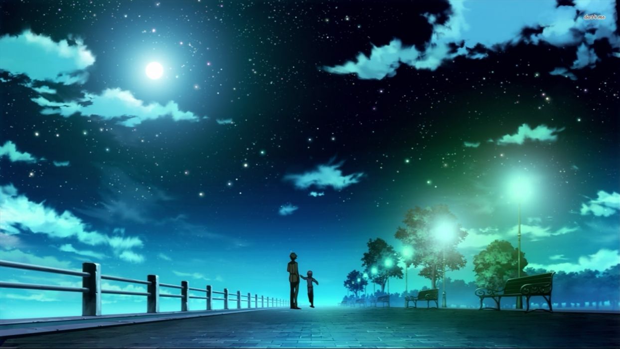 Anime beautiful night blue clouds with lightning tree wallpaper