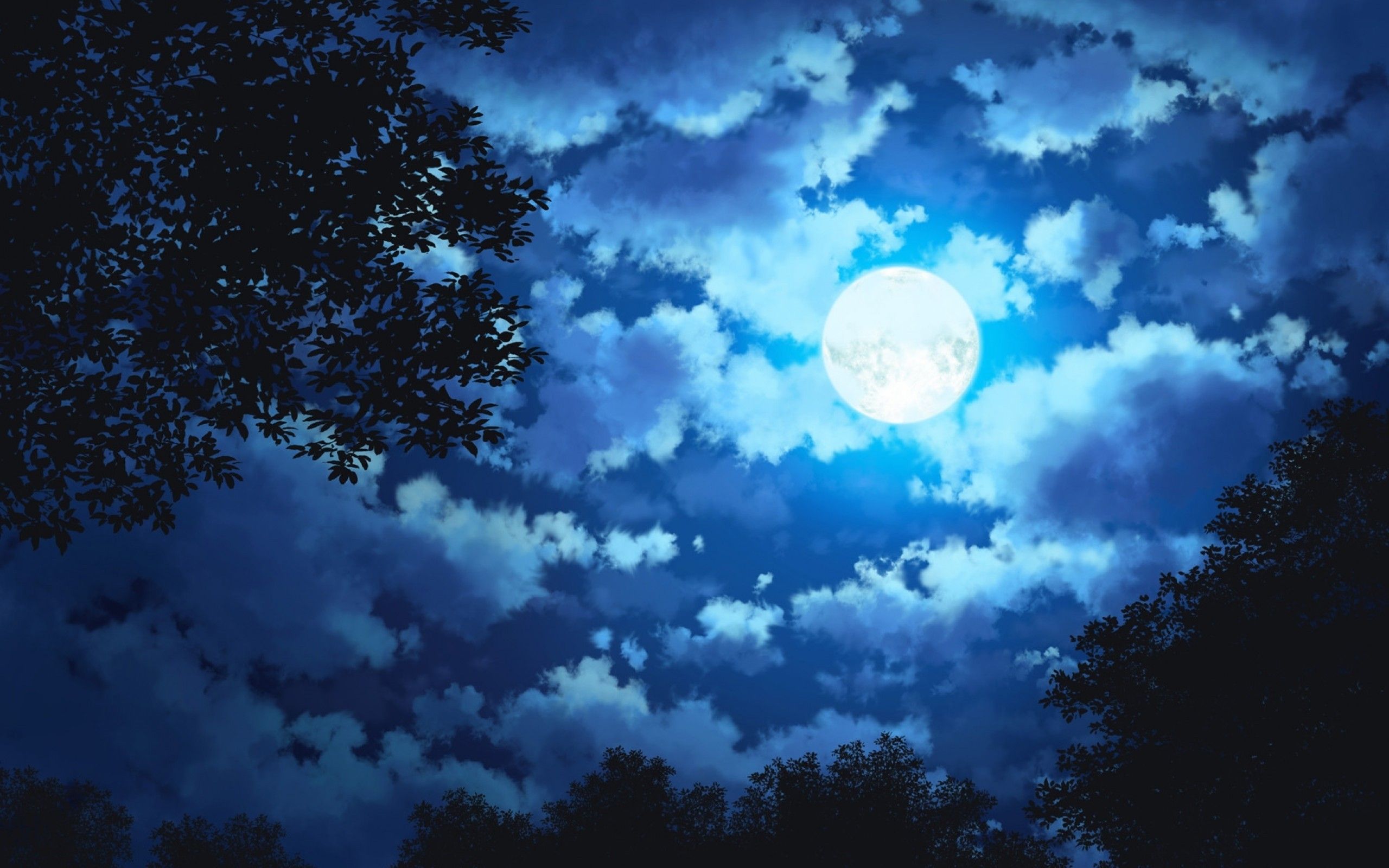 Download 2560x1600 Anime Landscape, Night, Moon, Clouds, Trees