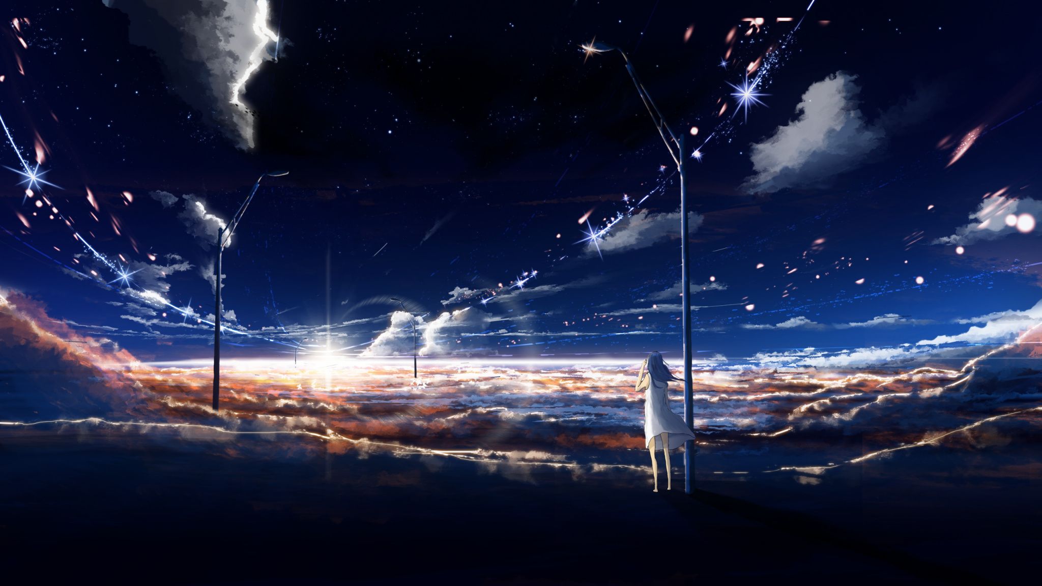 Desktop Wallpaper Anime Girl, Night, Nature, Clouds, Sky, HD Image