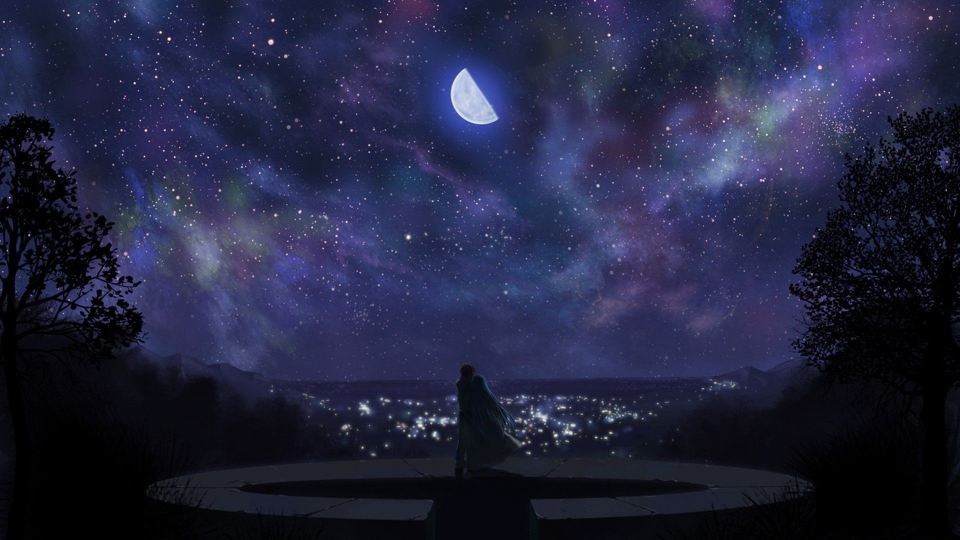 Wonderful view of anime girl sitting in the sky with half moon and star  view 4K wallpaper download