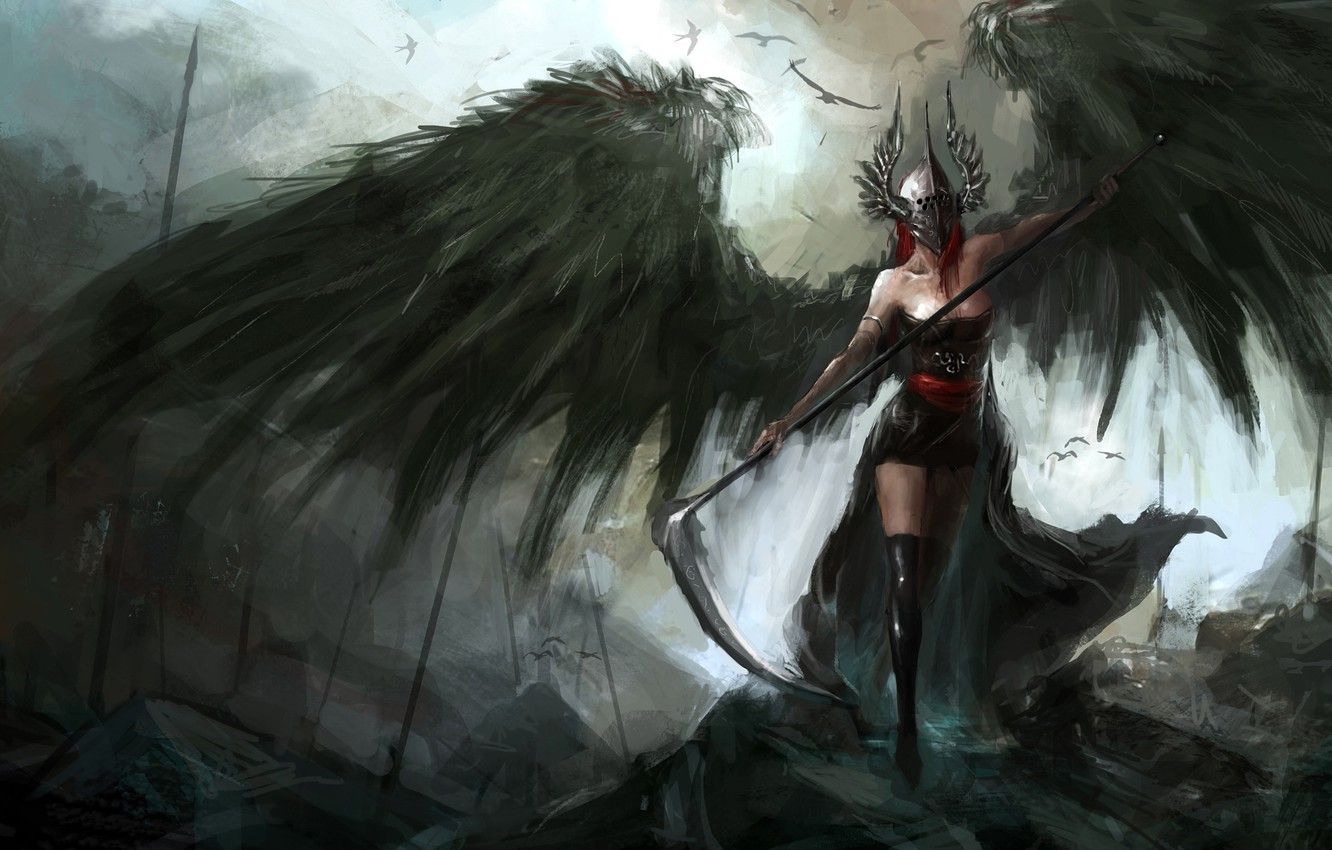 Wallpaper weapons, fiction, wings, art, helmet, braid, fallen