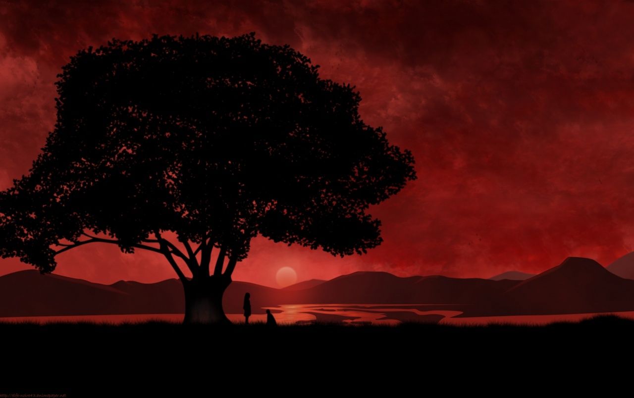 Anime Red Sunset & Tree wallpaper. Anime Red Sunset & Tree stock