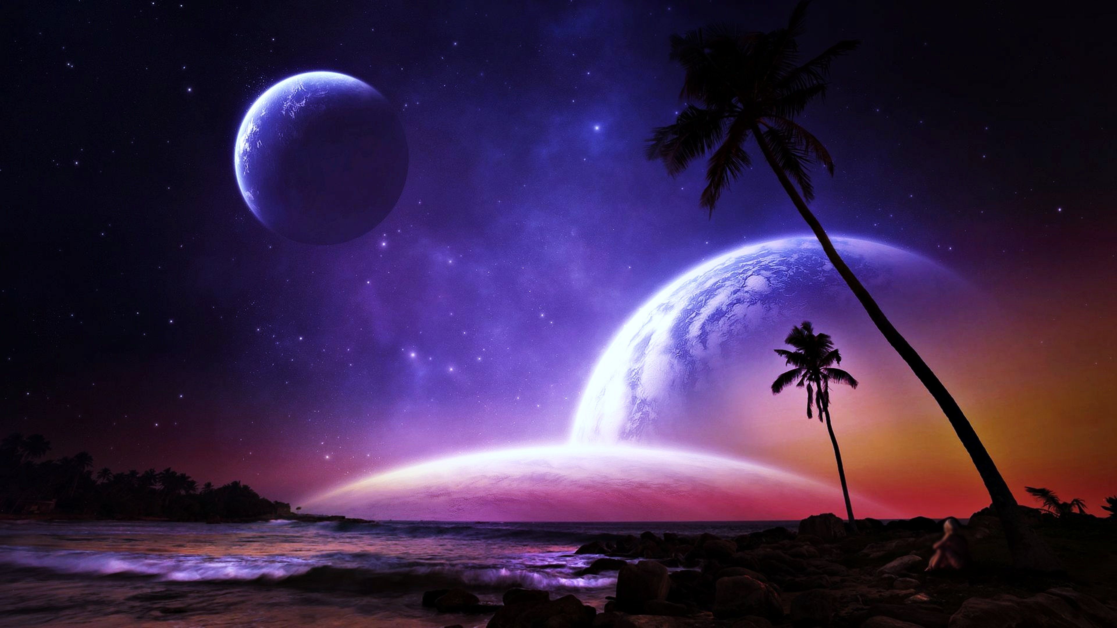 Planets palms fantasy dreams colorful beaches space stars galaxy