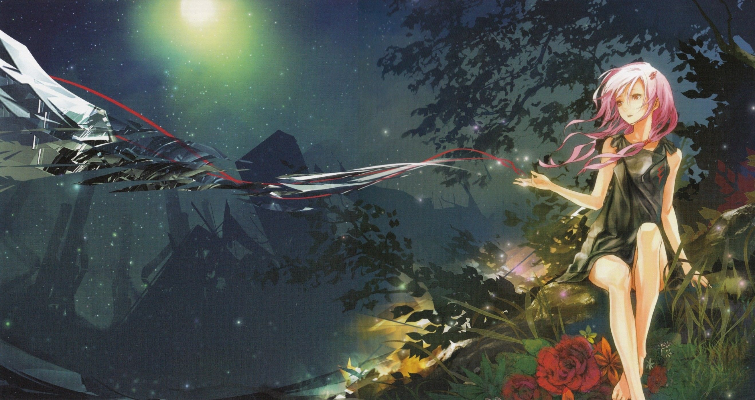 Guilty Crown, landscape, nature, rose, red eyes, night, anime