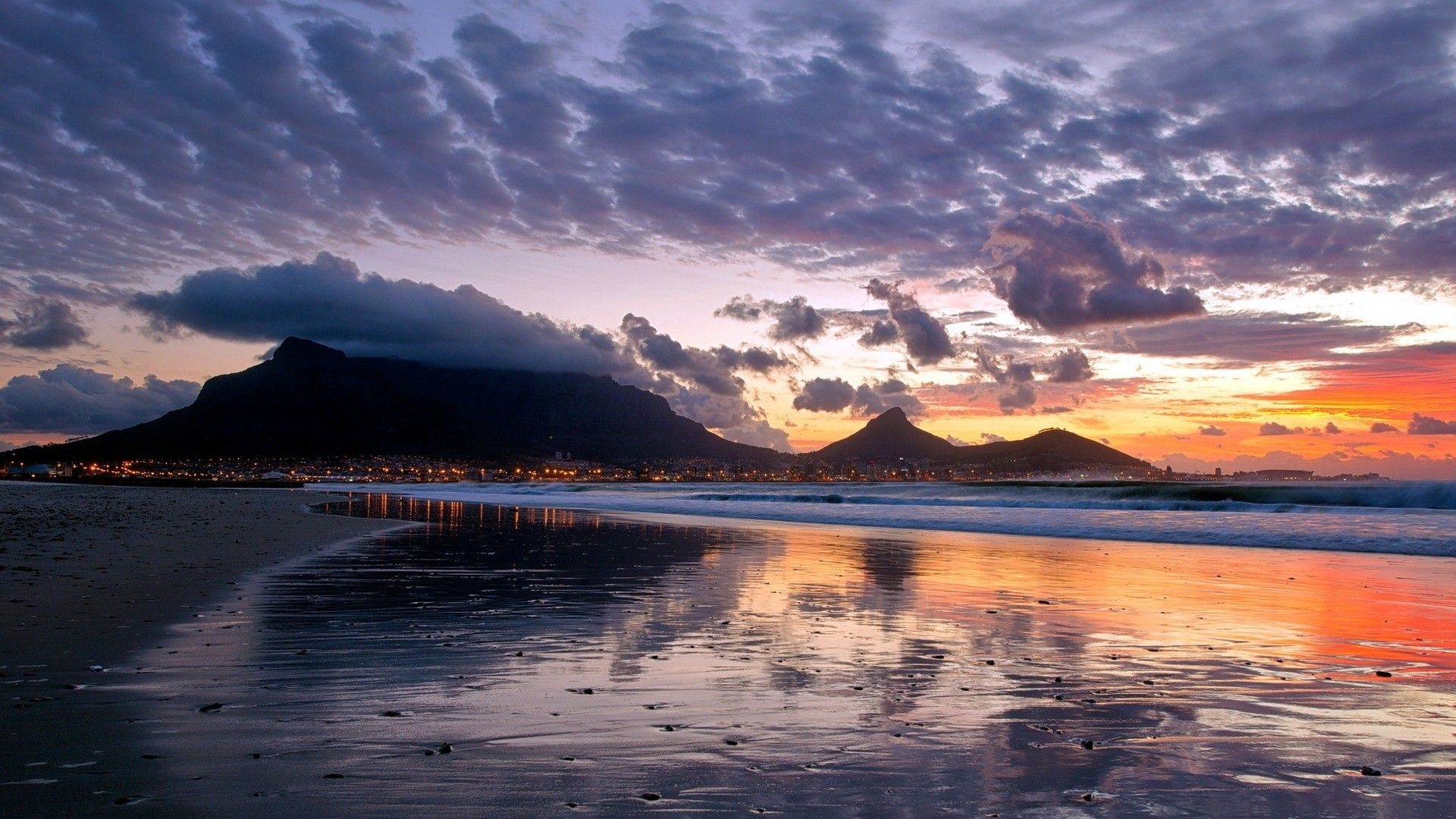 sunset, mountains, landscapes, nature, city lights, reflections