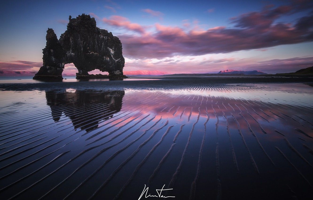 Wallpaper beach, water, clouds, mountains, reflection, rocks