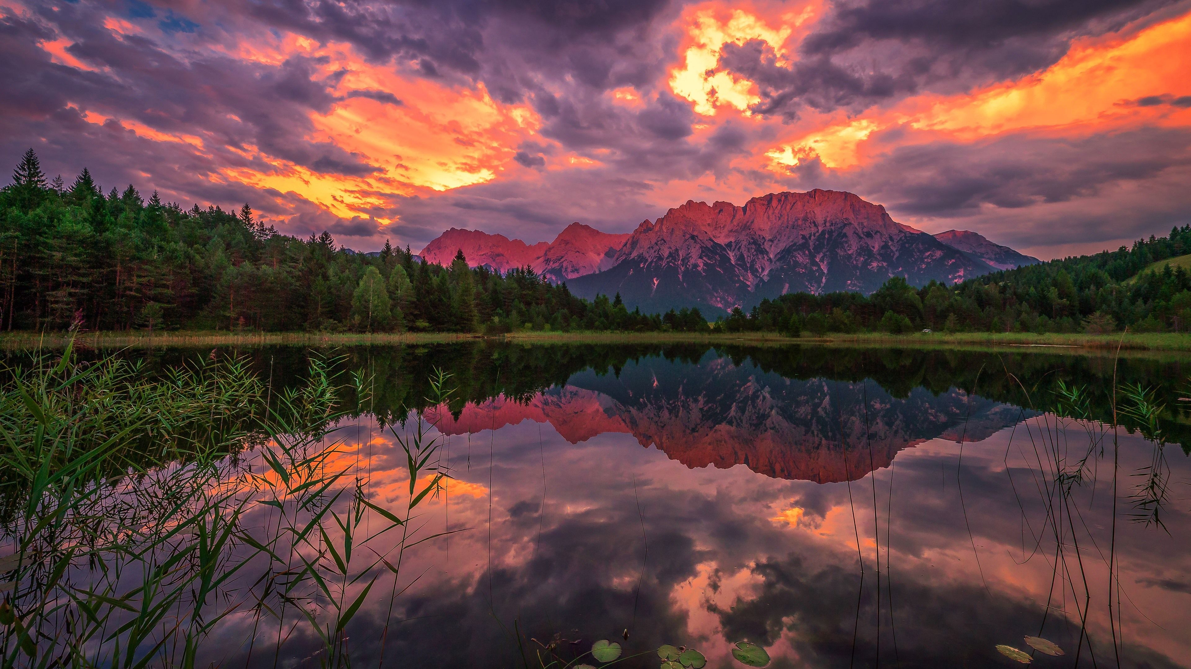 Mountains, trees, clouds, sunset, lake, water reflection 1080x1920