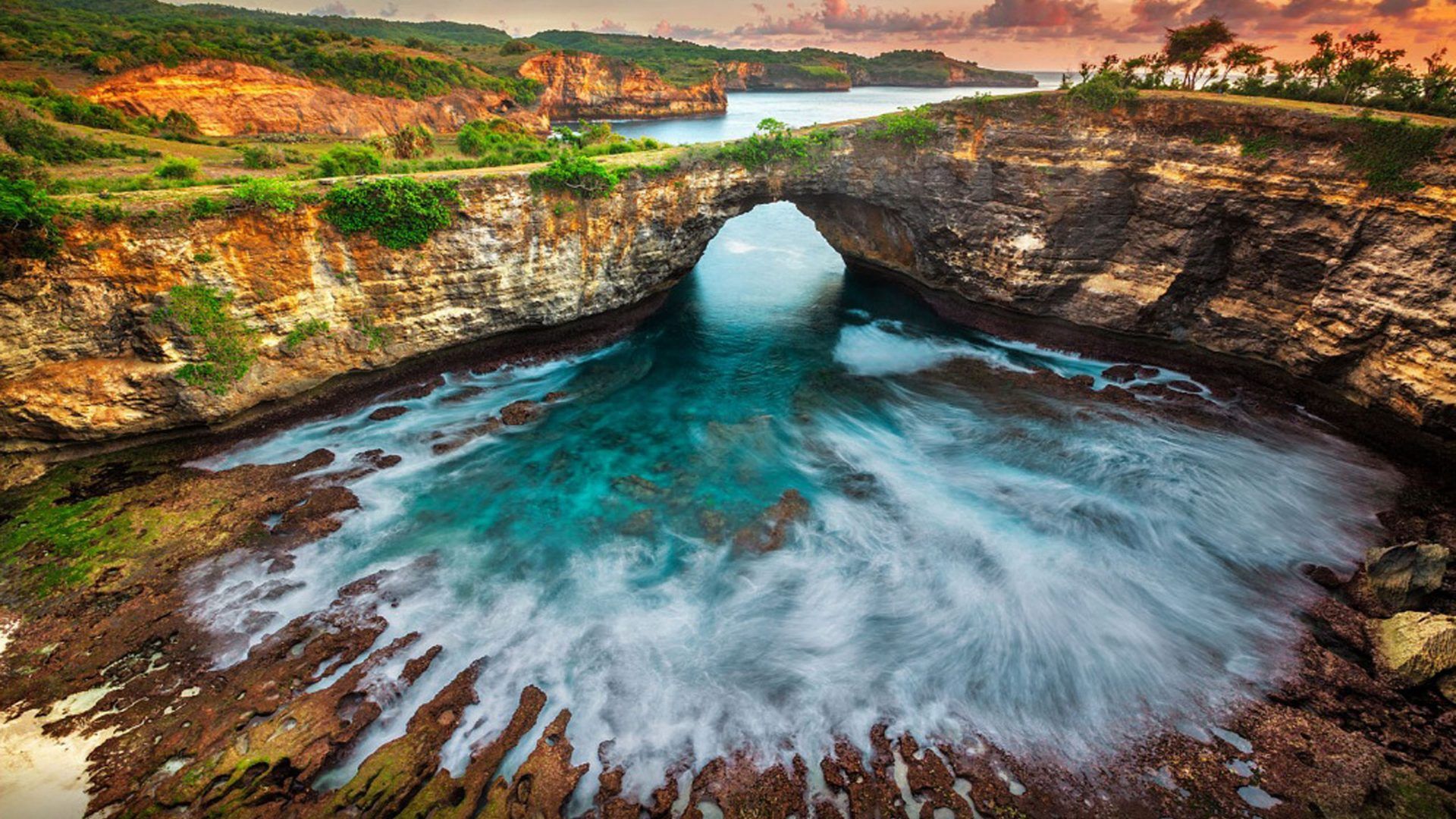 Hidden Beach, A Natural Bridge Of Rock Sea Coast Sea Forest Red