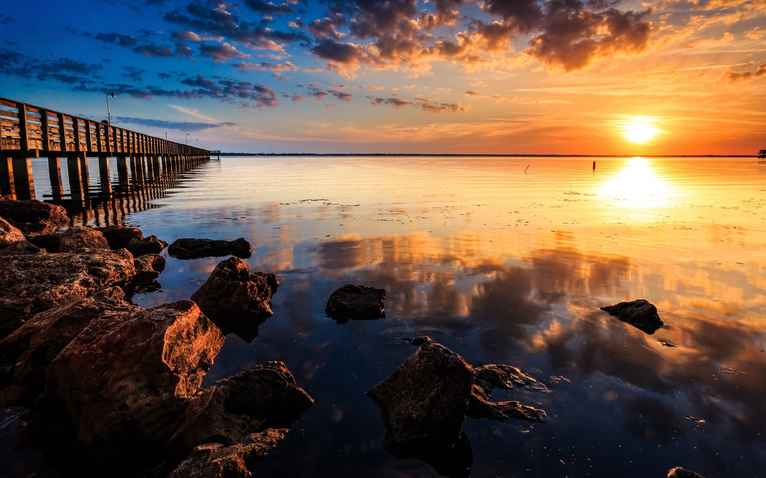 Wallpaper Coast sunset landscape, sea, pier, wooden bridge, rocks