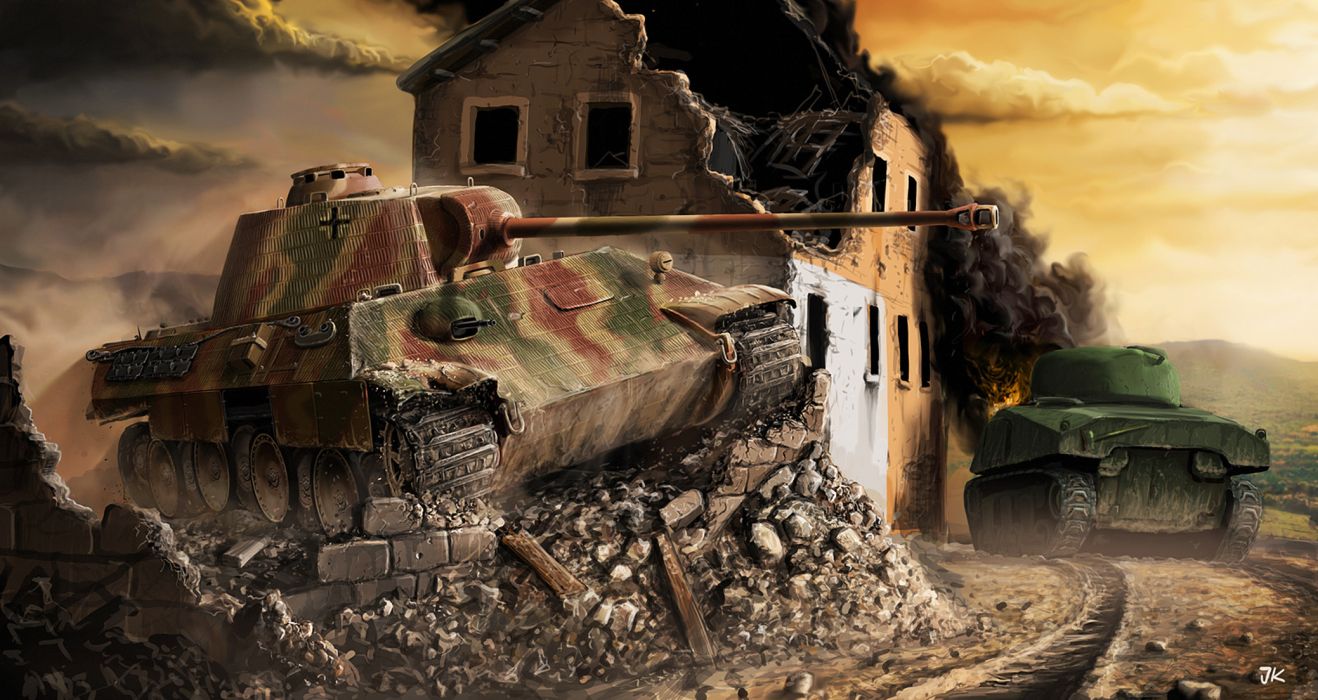 World of Tanks Tanks Ruins Painting Art Panther Sherman wallpaper