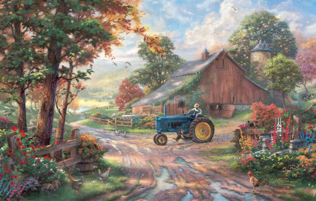 Wallpapers animals, summer, trees, flowers, pond, the barn, tractor