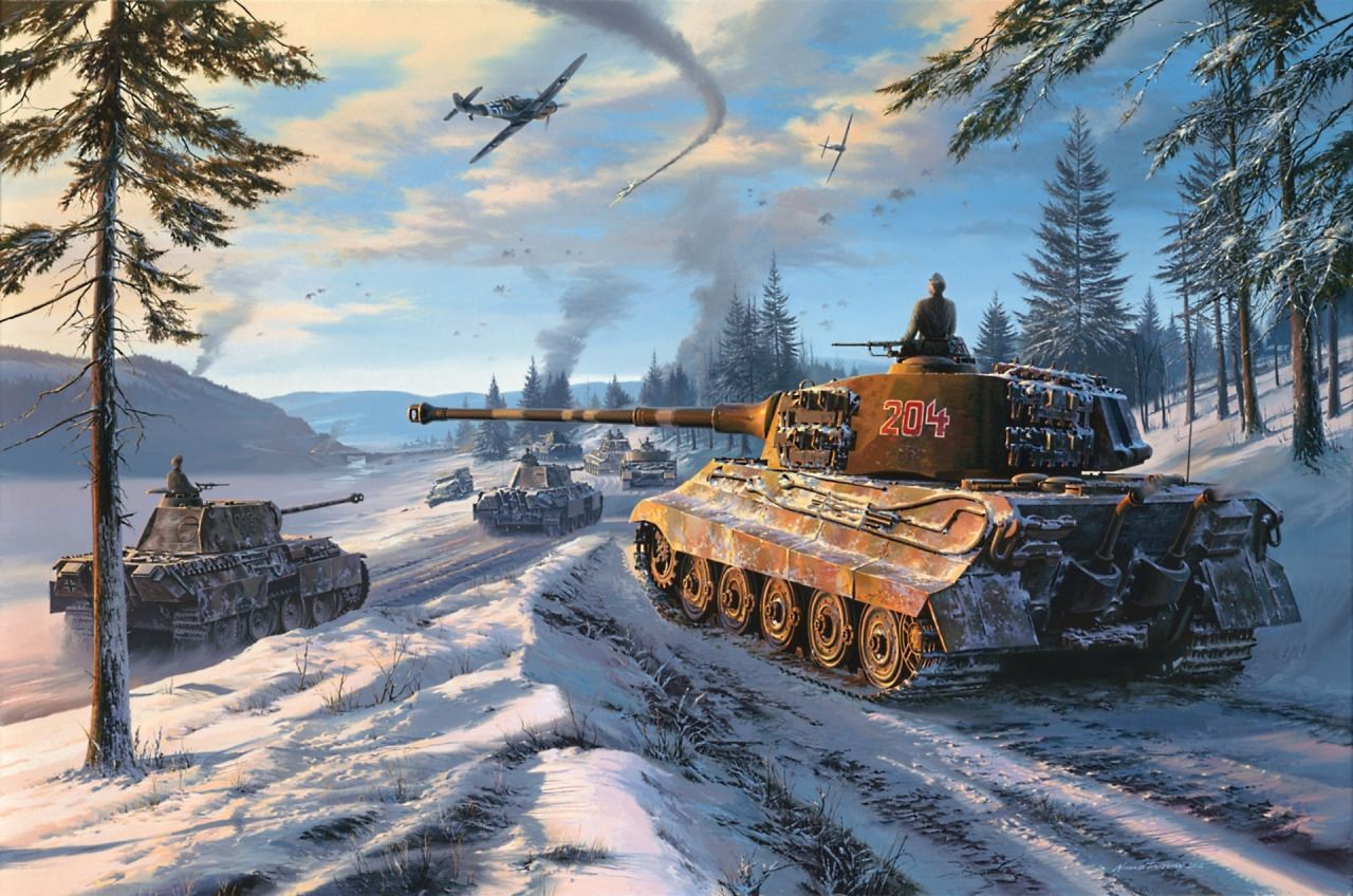 King Tiger covering the advance of Panther tanks, Ardennes