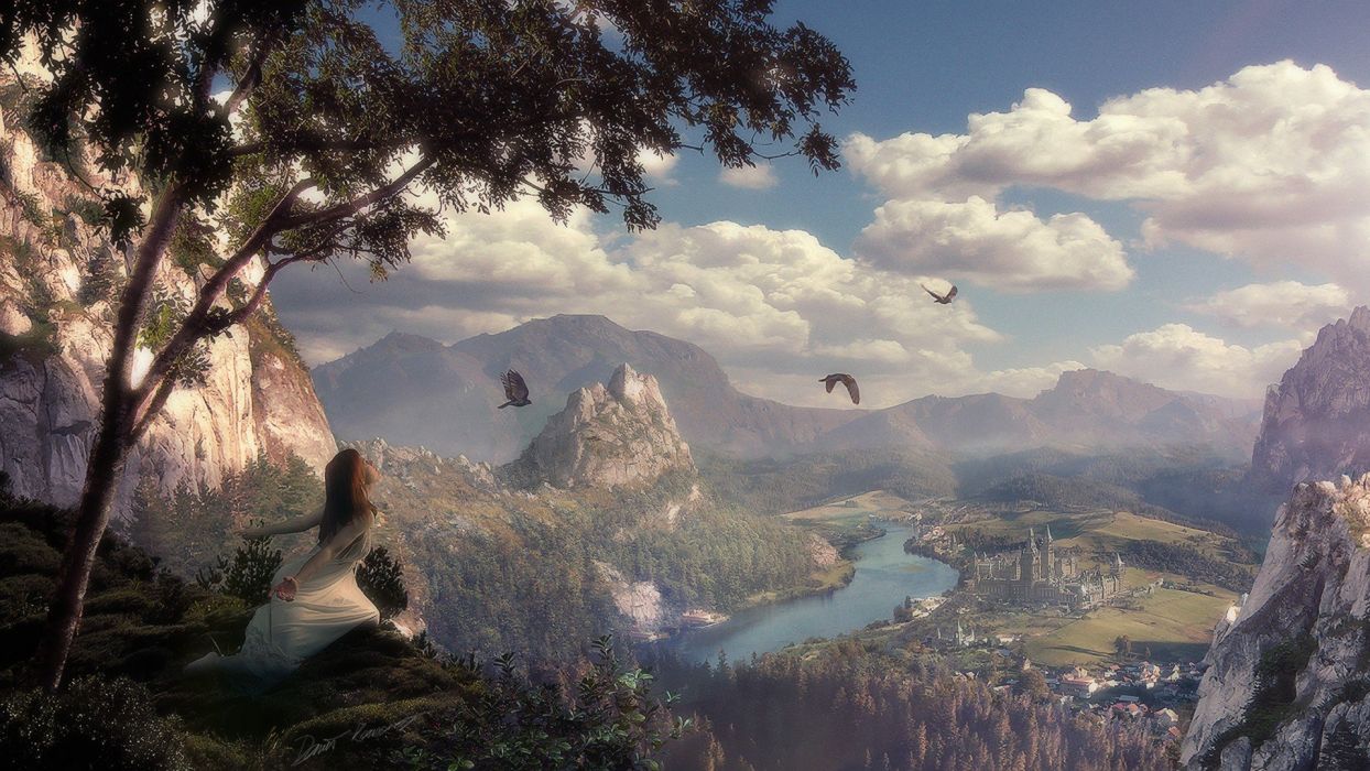 Women mountains clouds landscapes castles trees cityscapes