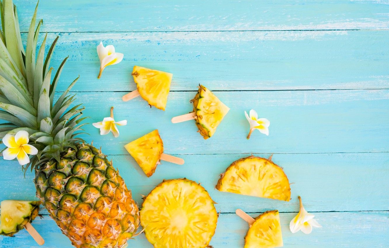 Wallpaper fruit, summer, pineapple, wood, slices, fruit, pineapple, plumeria, plumeria, slice image for desktop, section еда