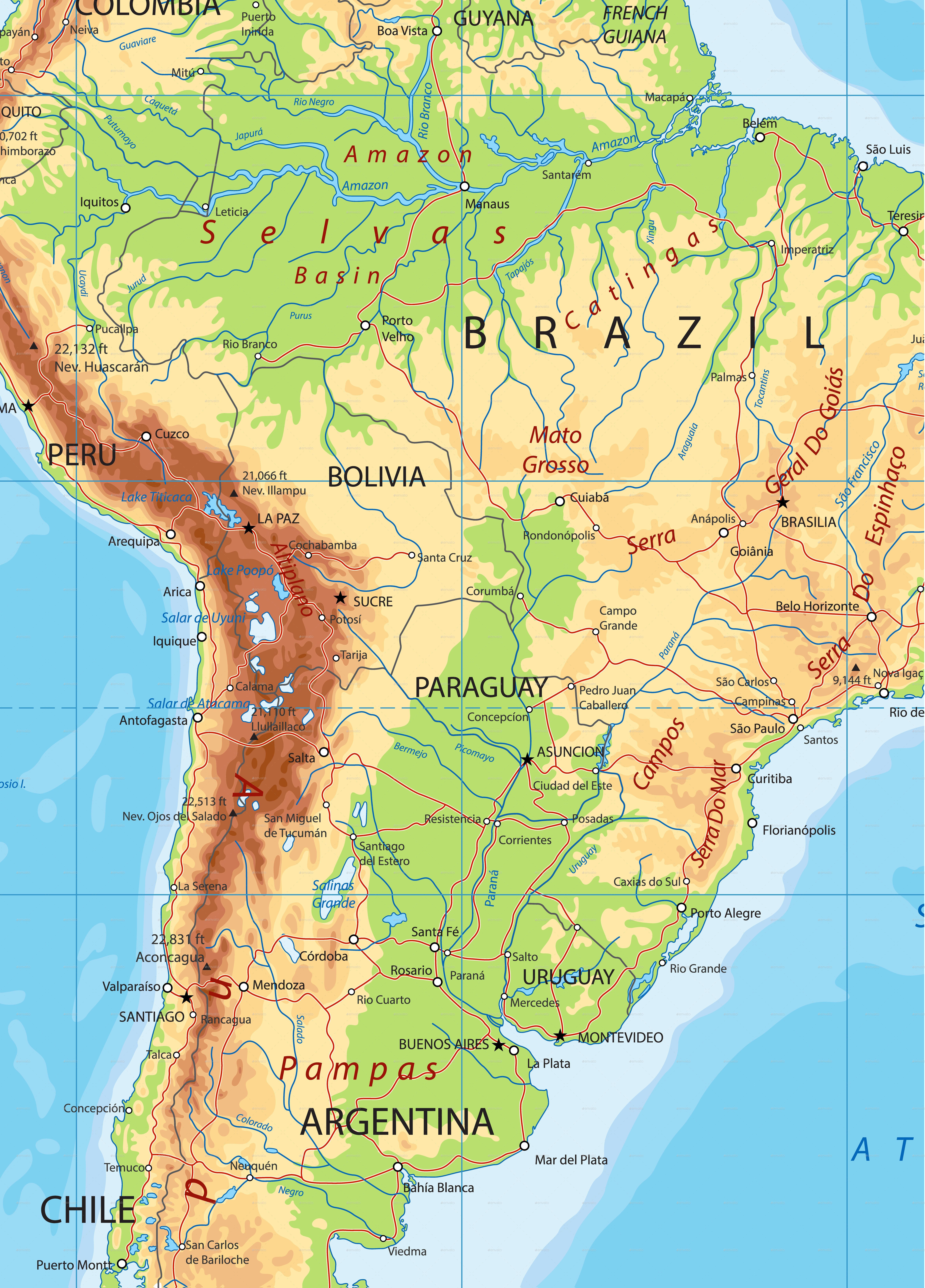 Free Print Map Physical Map South America