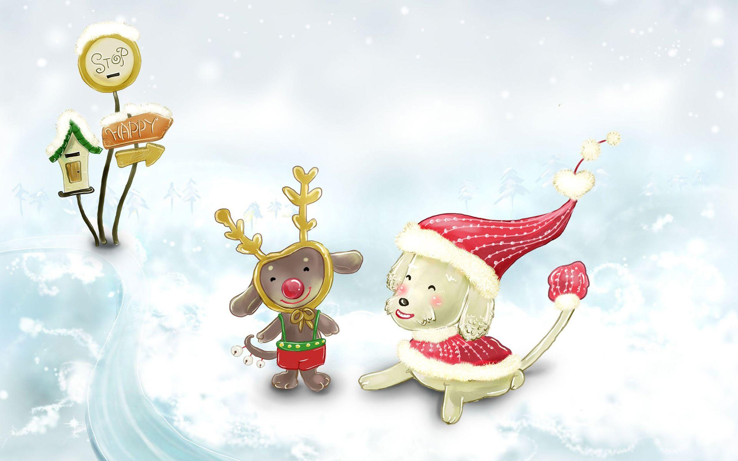 Free Cute Christmas Animals In Snow computer desktop wallpaper