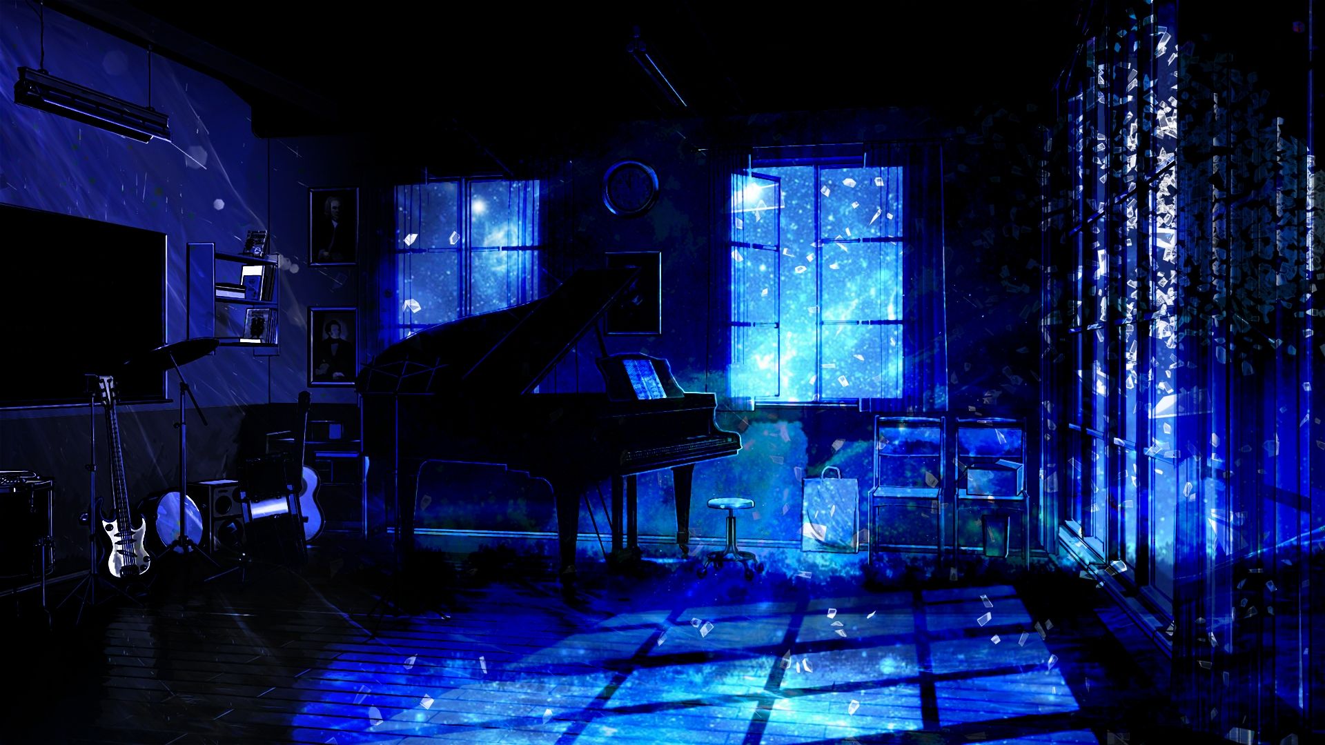 Download Music room, piano, anime, original, dark wallpaper
