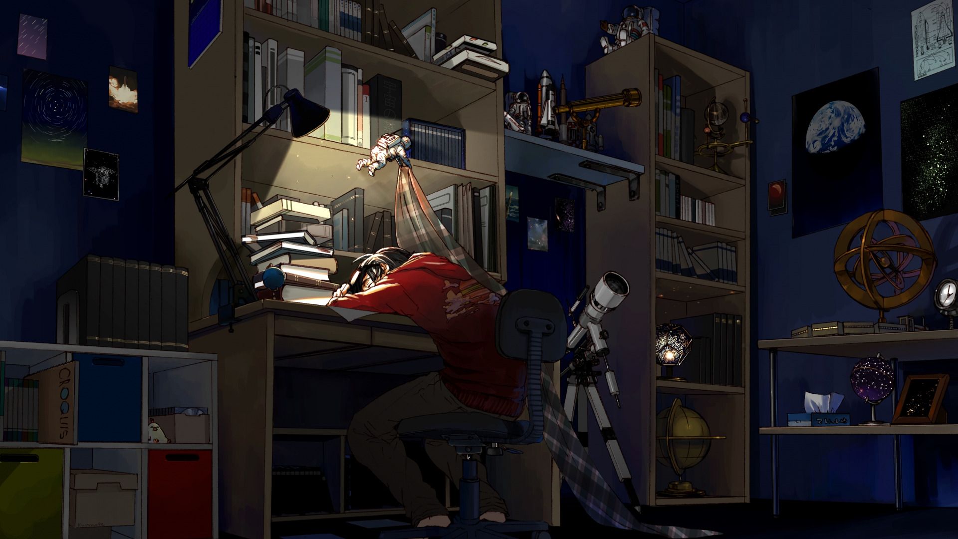 Download wallpaper night, room, books, sleep, anime, art, guy