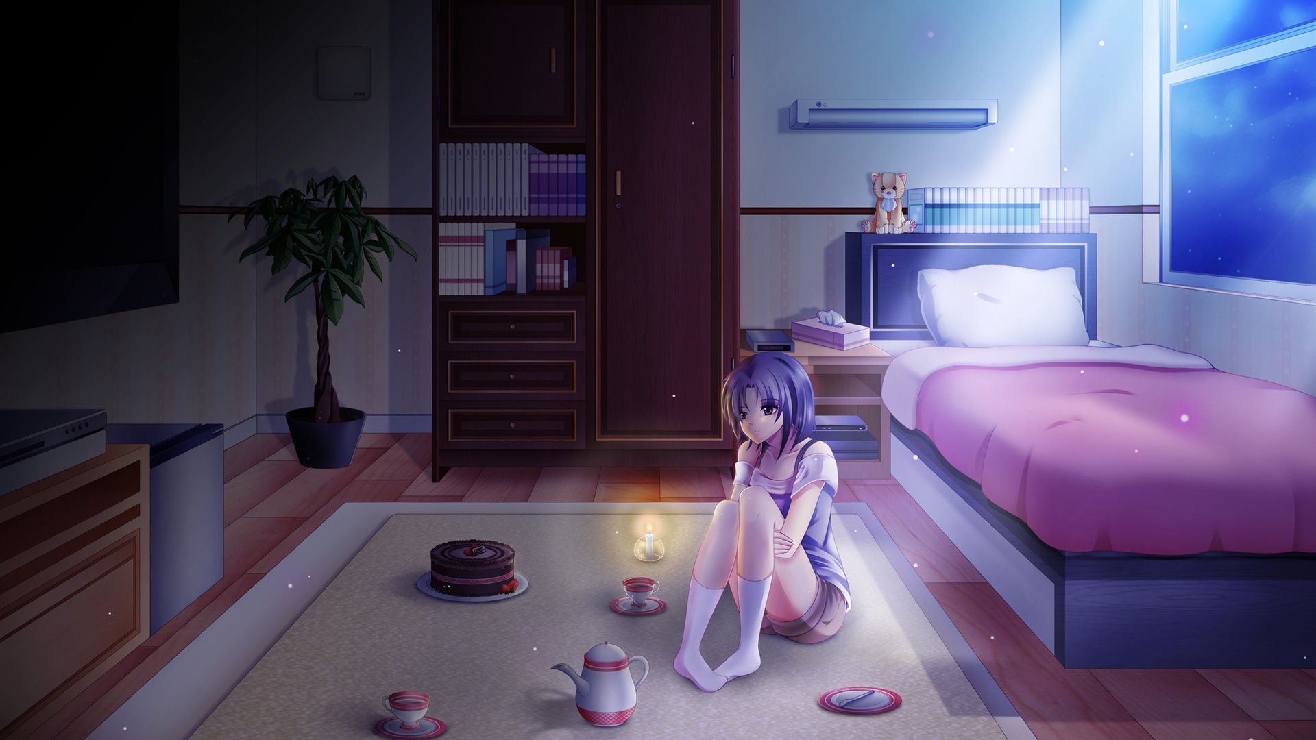 Wallpaper Lonely night, anime girl at bedroom, moonlight 2560x1600