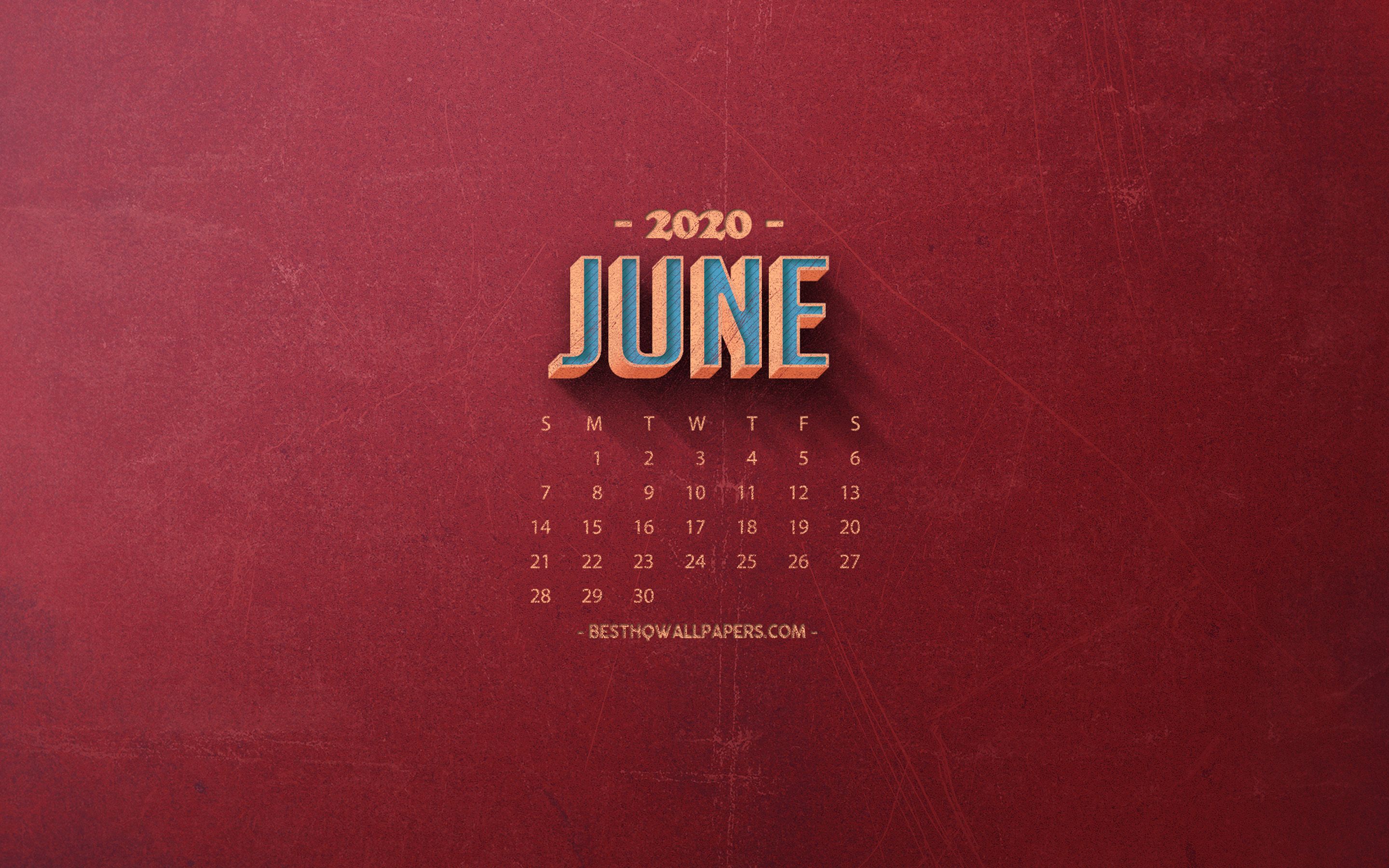 Download wallpaper 2020 June Calendar, red retro background, 2020