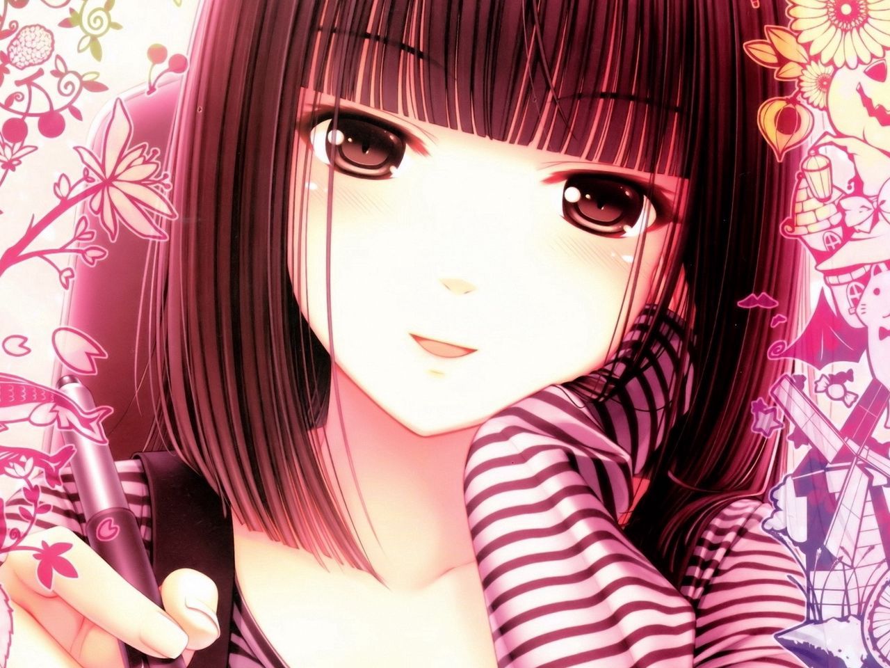 Download wallpaper 1280x960 anime, girl, face, pen, white, pink