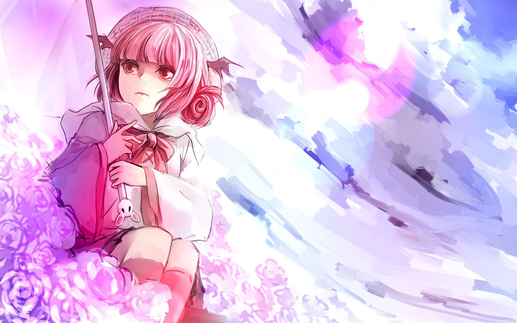 Download wallpaper 1680x1050 anime, girl, art, umbrella, flowers