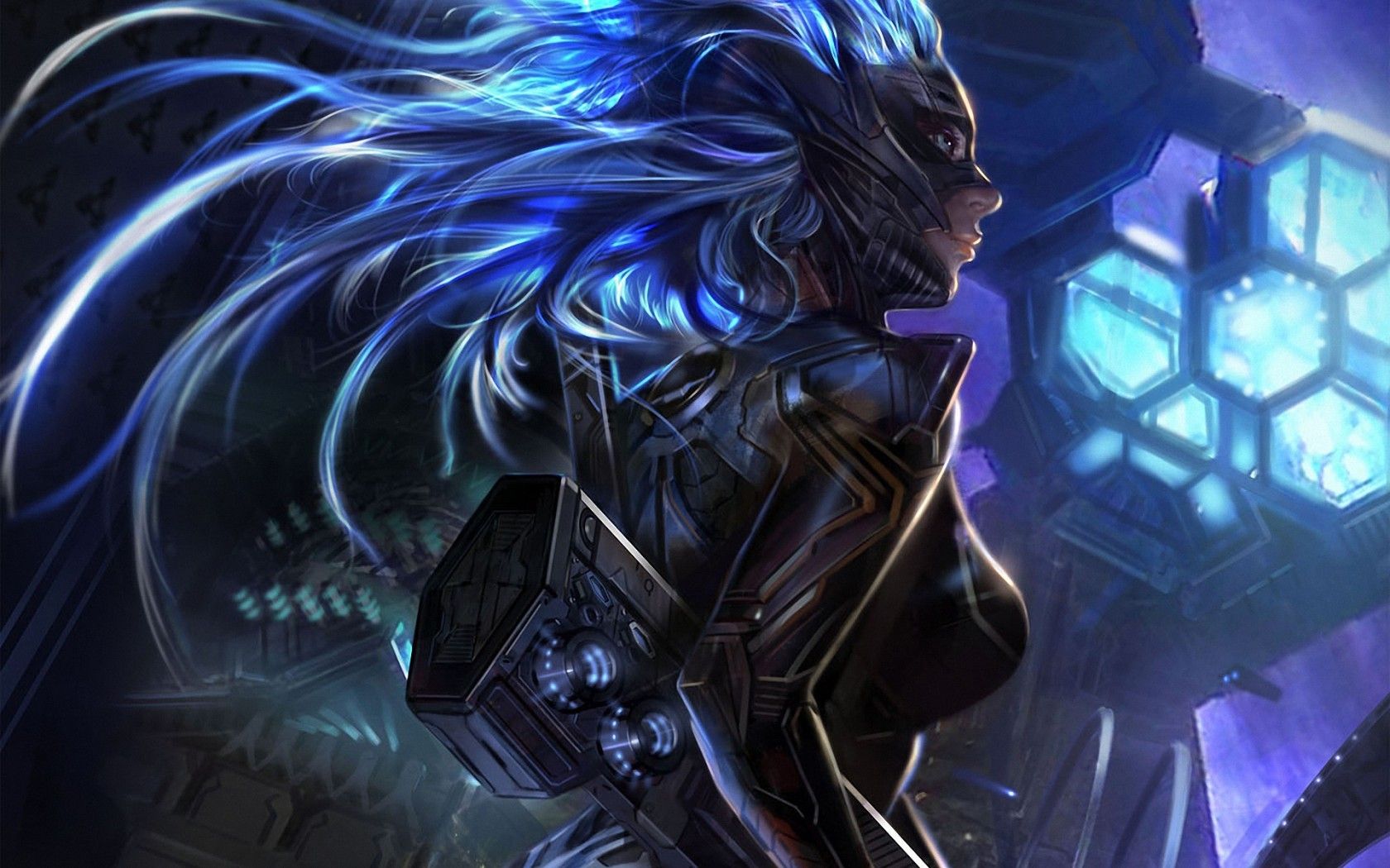 women, video games, futuristic, suit, weapons, blue hair, Galaxy