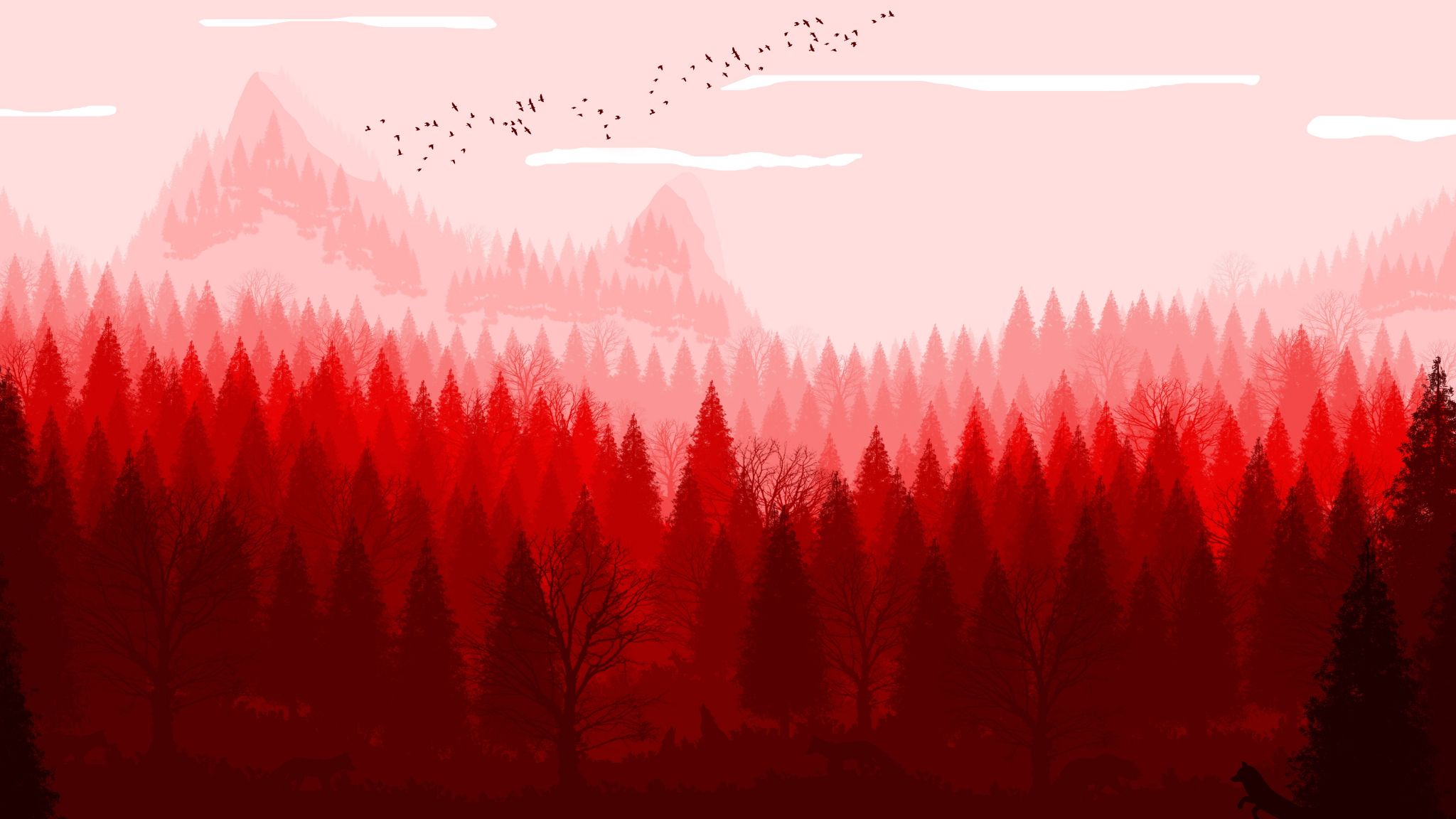Download 2048x1152 wallpaper red forest, horizon, nature, art