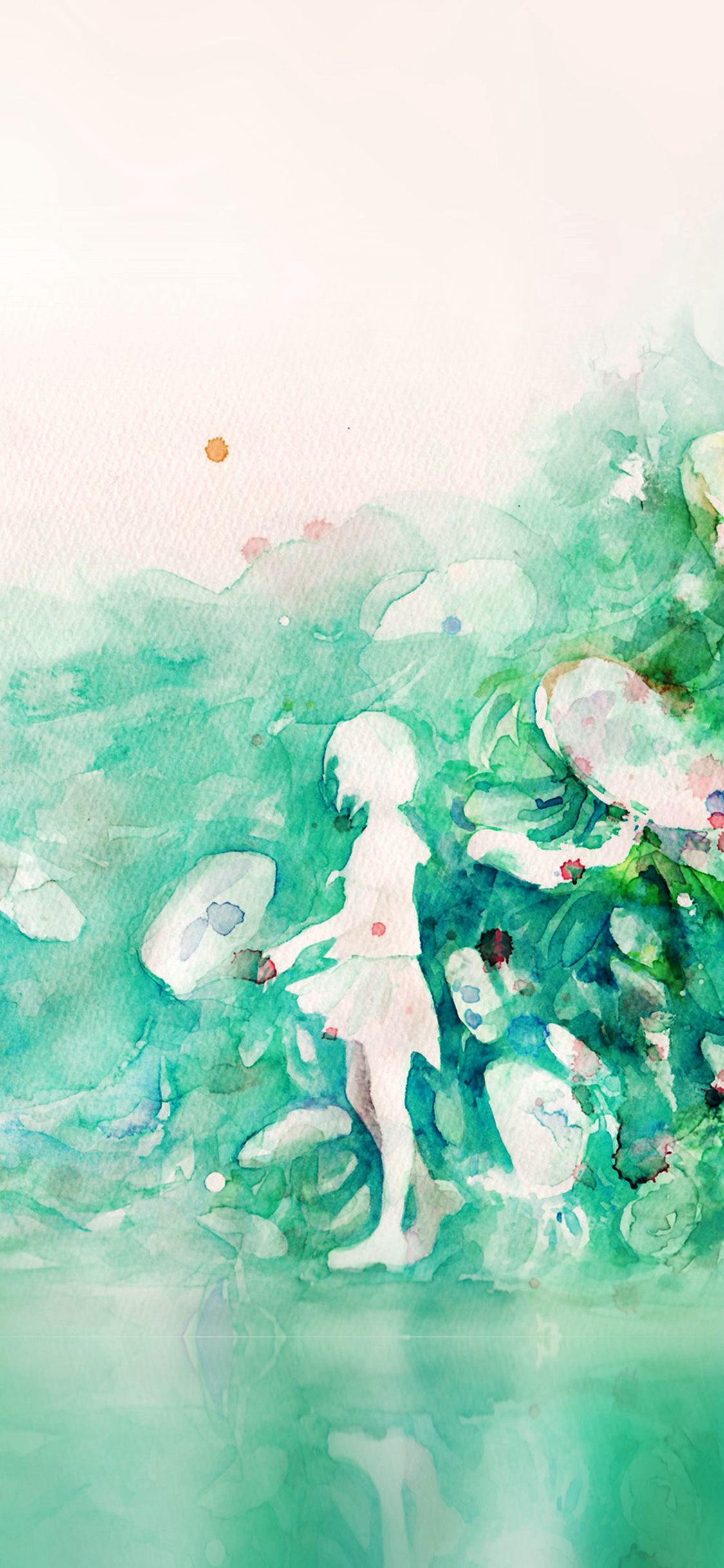 Watercolor Green Girl Nature Art Illust iPhone X Wallpaper Free