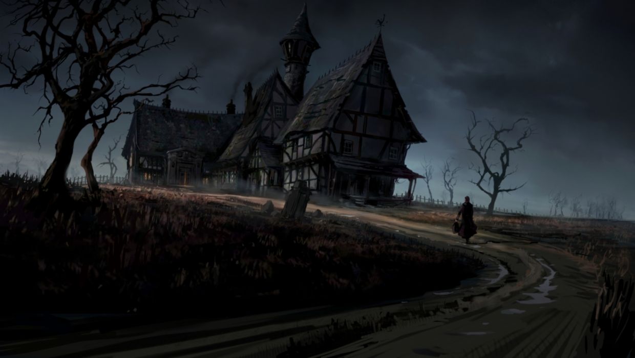 Dark haunted horror gothic house storm rain art wallpaper
