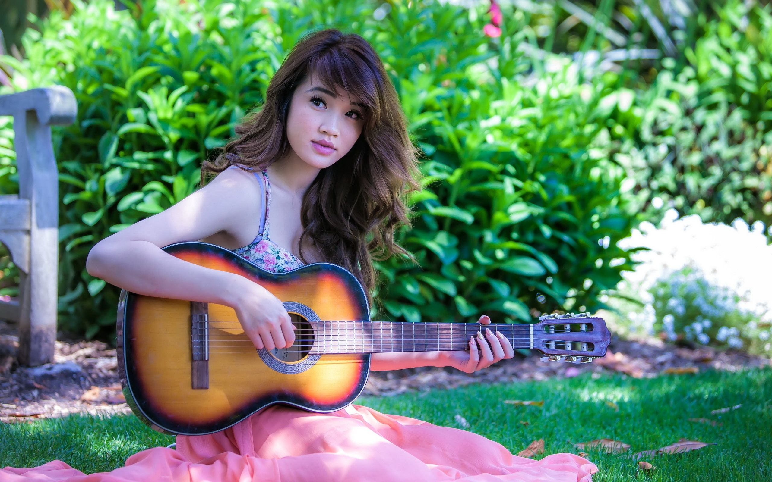 Download 2560x1600 Asian Women, Playing Guitar, Pink Dress, Grass