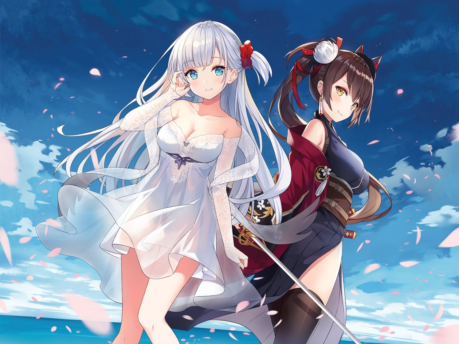 2girls anthropomorphism azur lane blue eyes breasts brown hair