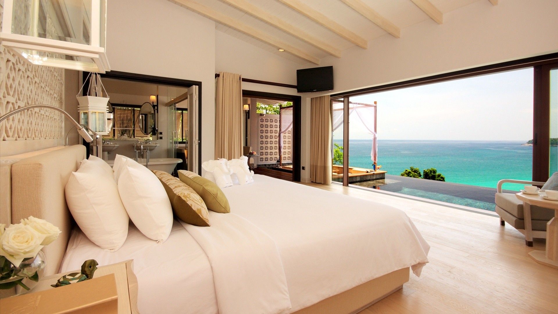beds, paradise, islands, interior, pillows, bedroom, sea wallpaper