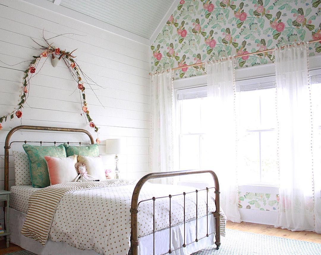 farmhouseforfour girls room, tarnished brass bed, peony wallpaper